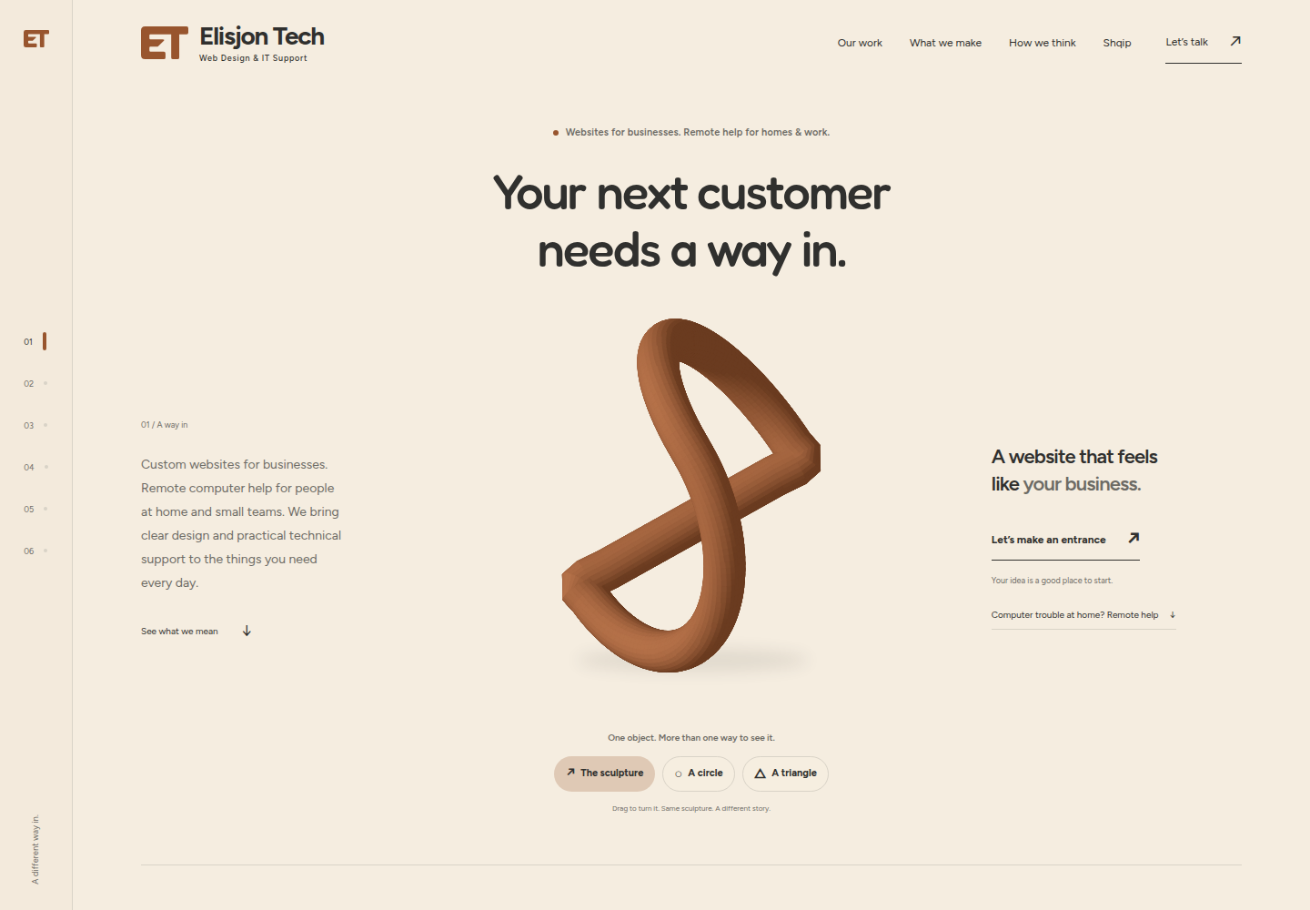 The Elisjon Tech home page with a blue perspective sculpture and a warm off-white background.