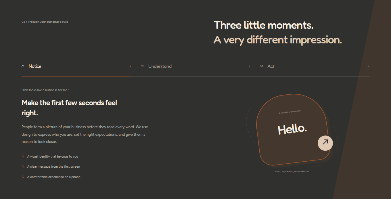The dark customer-experience section with Notice, Understand, and Act controls.