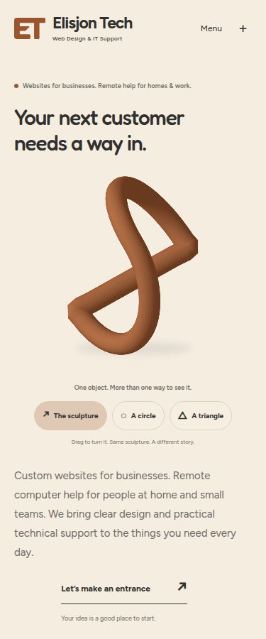 The Elisjon Tech home page on a phone, with the sculpture and touch controls.